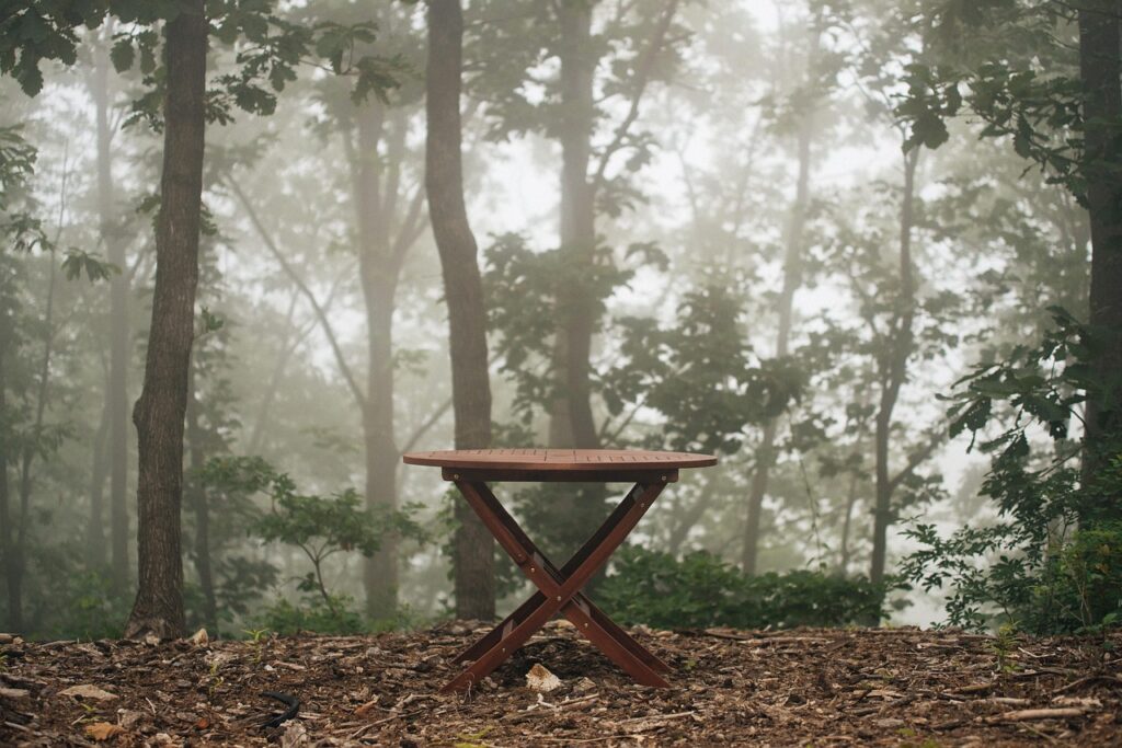Small wooden table standing alone in a misty forest clearing